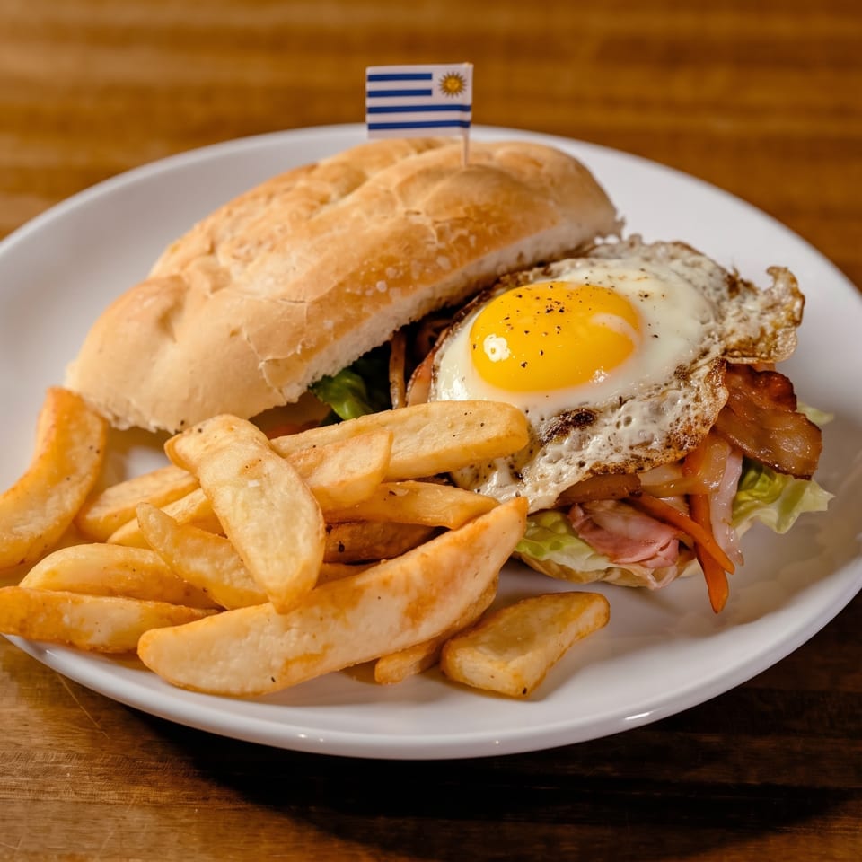 Chivito sandwich with a fried egg, bacon, and fries, garnished with a Uruguayan flag.