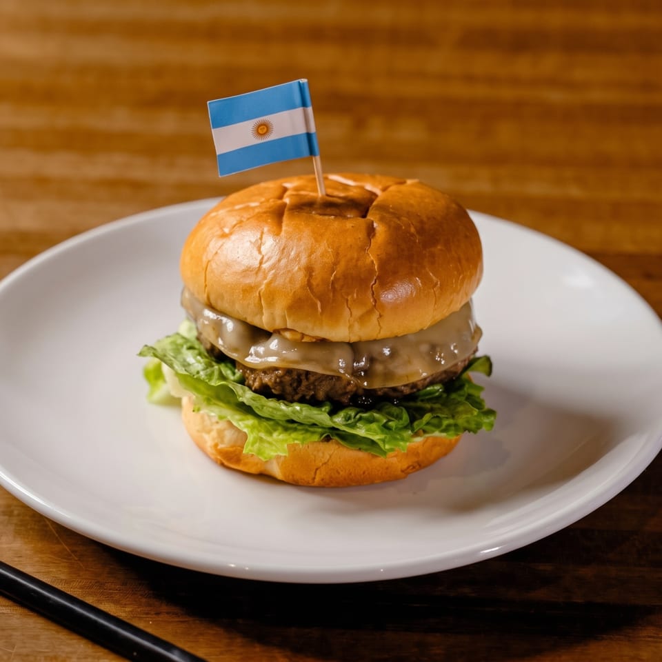 A burger with melted cheese, lettuce, and an Argentinian flag toothpick on a white plate.