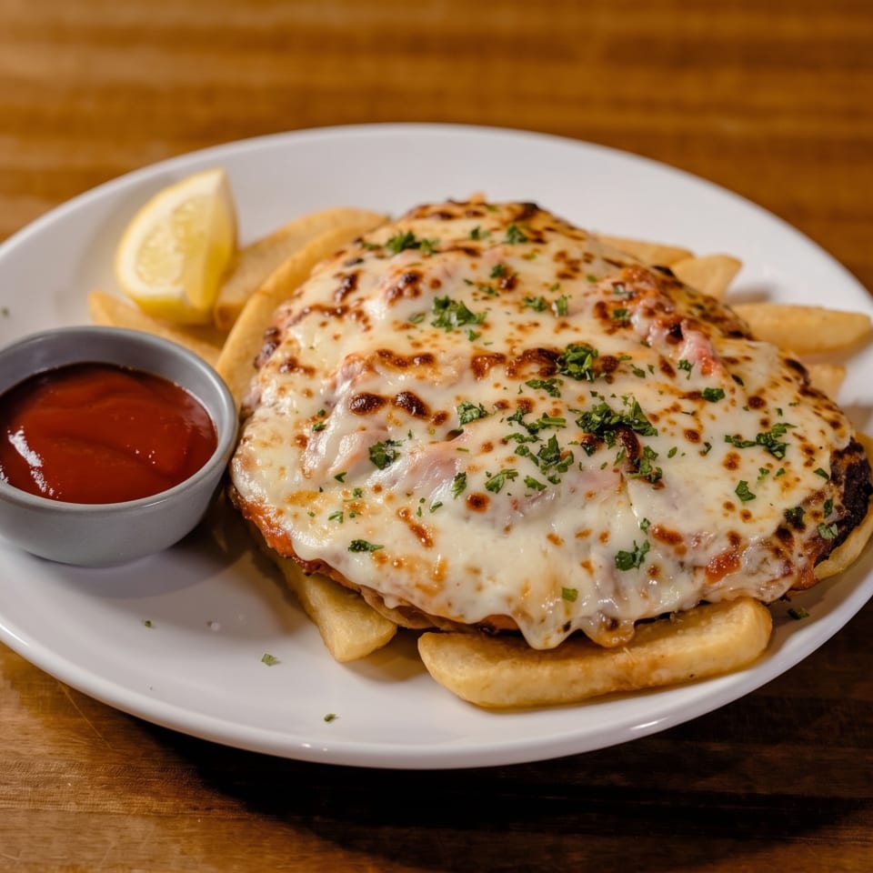Chicken parmigiana with melted cheese and parsley, served with fries, ketchup, and a lemon wedge.