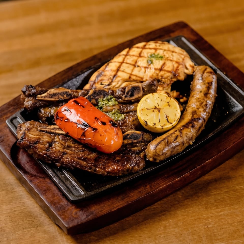 Grilled short ribs, chicken, sausage, red pepper, and lemon on a sizzling platter.