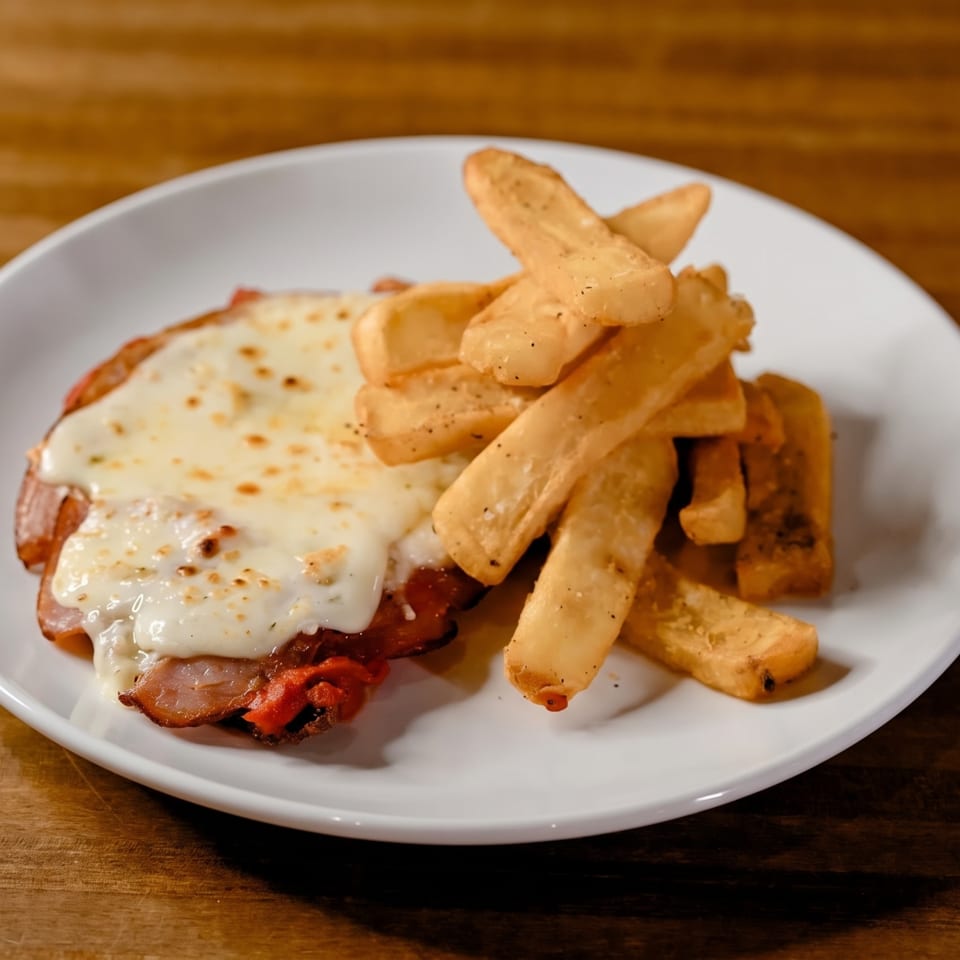 Chicken parmigiana topped with melted cheese and red sauce, served with a side of golden french fries.